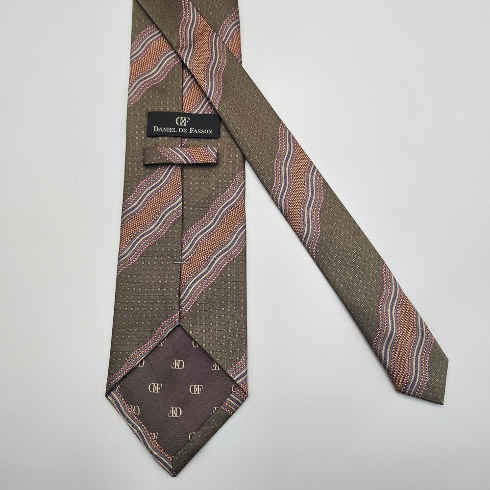 Daniel De Fasson Silk Tie Mens Brown Earth Tone Wavy Stripe Geometric Handmade
